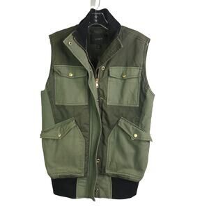 J.Crew Pocketed Vest Womens Sz Small Olive Green. Snap + Zip Collared Black Trim